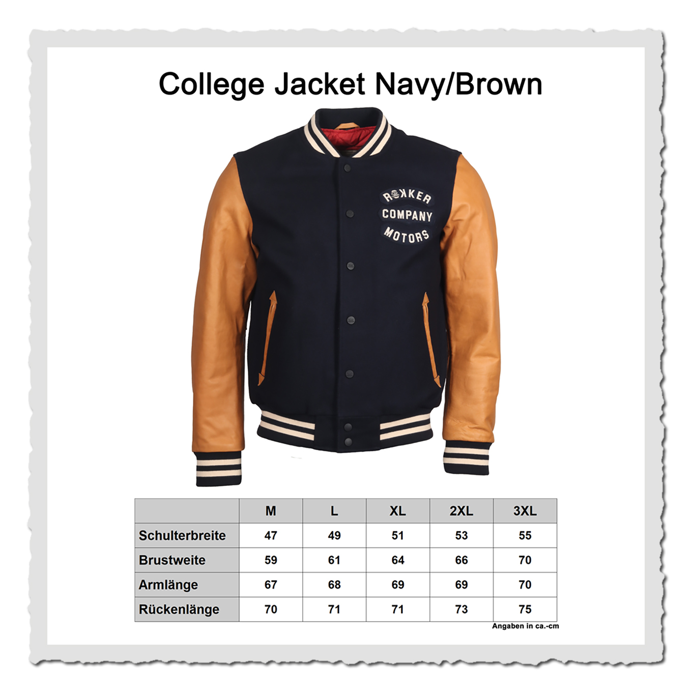 Größenübersicht mit abgebildeter Jacke und Maßtabelle darunter, schwarzer Text auf weißem Hintergrund.